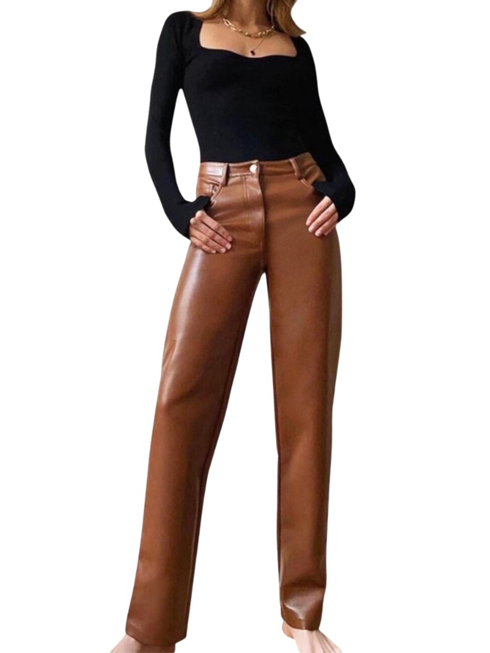 Wilfred Aritzia Melina Brown Faux Leather High Rise Straight Leg Pants Size 14